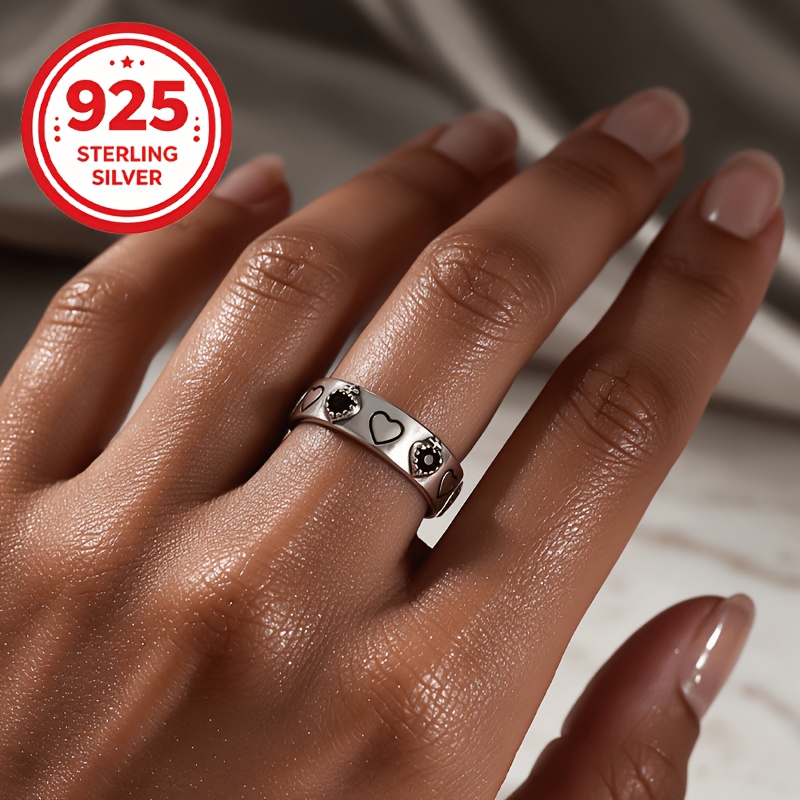 Women's 925 Silver Adjustable Open Black Heart Stackable Ring